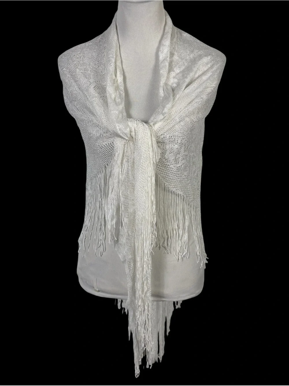 Specialty House VTG White Paisley Scarf Knit Shawl Fringe Granny Cottage Core